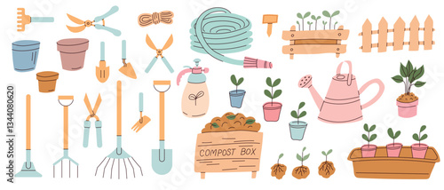 Gardening tools and supplies arranged on a light background showcasing various implements and plants for home gardening enthusiasts