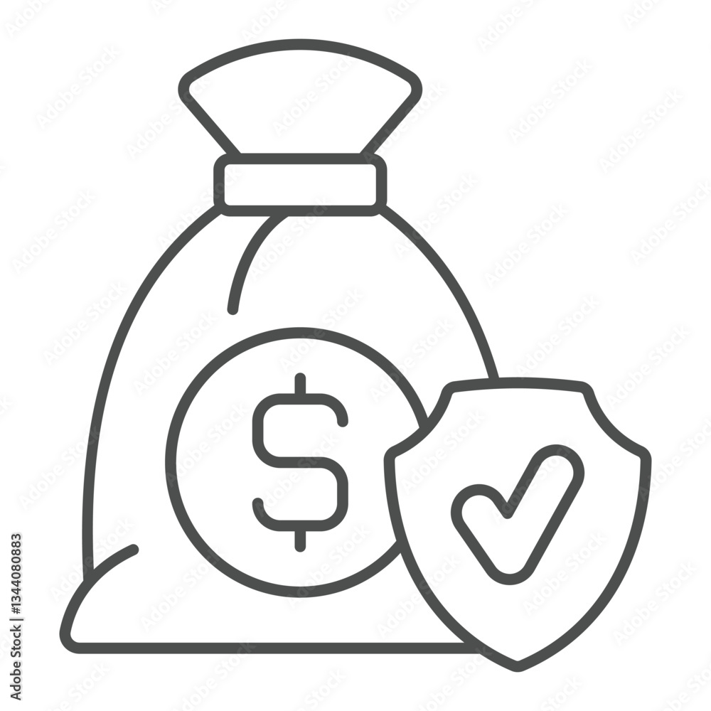Money bag with safety shield thin line icon, financial advice concept. Vector graphics. Packet with dollar coin and checked emblem sign on white background, outline style icon for mobile or web. Money bag with safety shield thin line icon, financial advice concept. Vector graphics. Packet with dollar coin and checked emblem sign on white background, outline style icon for mobile or web.