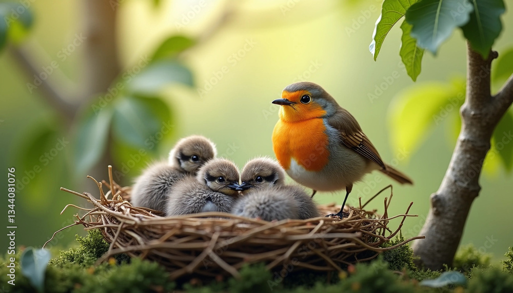 A robin feeding its chicks in a nest tucked within dense branches 