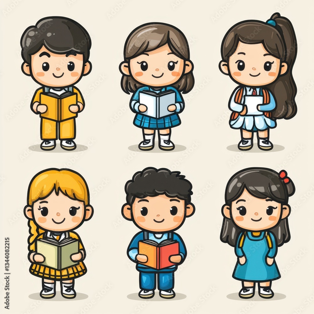 Icons about asian boys and girls with smiling face image holding a book in cute office formal costume Icons about asian boys and girls with smiling face image holding a book in cute office formal costume