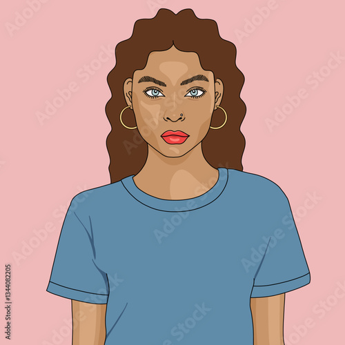 Stylized Woman with Curly Hair in Blue Shirt Portrait