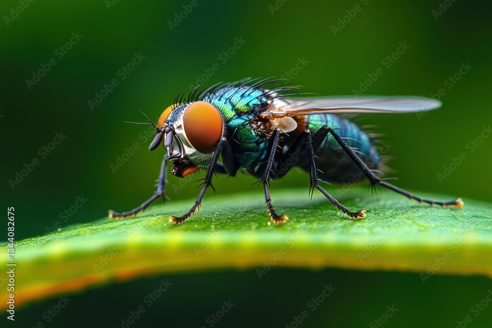 macro photograph of a housefly resting on a green leaf with detailed eyes and body texture in natural light macro photograph of a housefly resting on a green leaf with detailed eyes and body texture in natural light