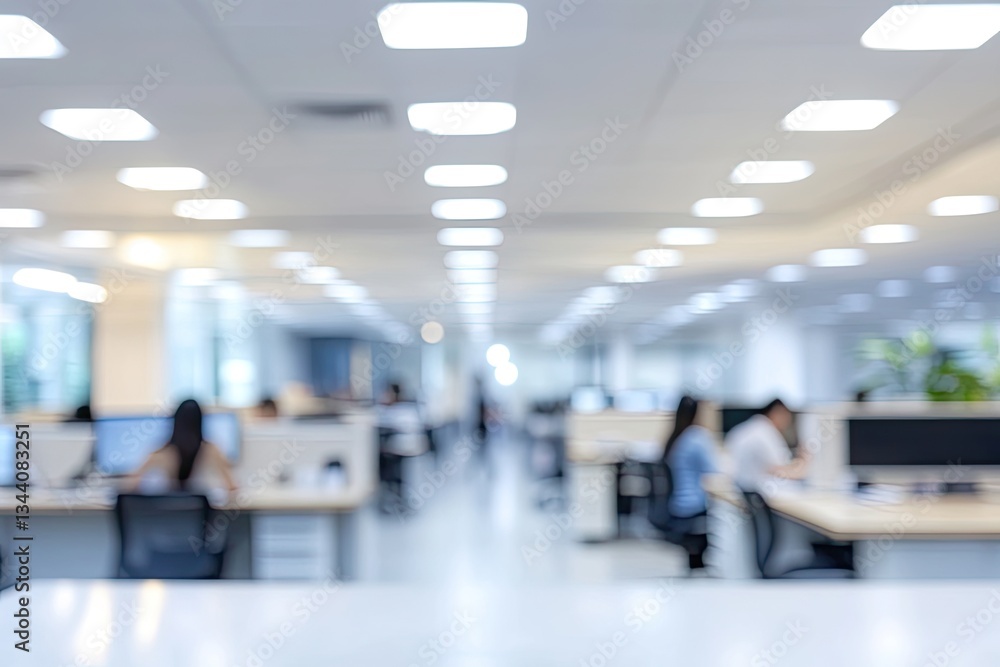 Fototapeta premium Contemporary corporate workspace with blurred office cubicles and soft bokeh lighting, light-filled modern business environment with motion blur effect.