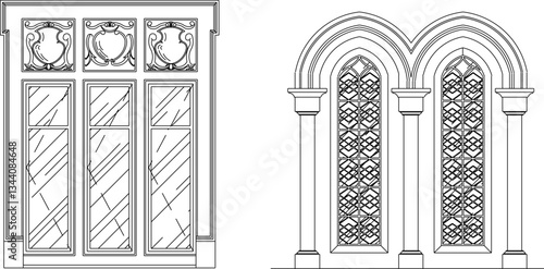 vector sketch illustration silhouette of colonial gothic renaissance window design with pergola and canopy classic vintage european model