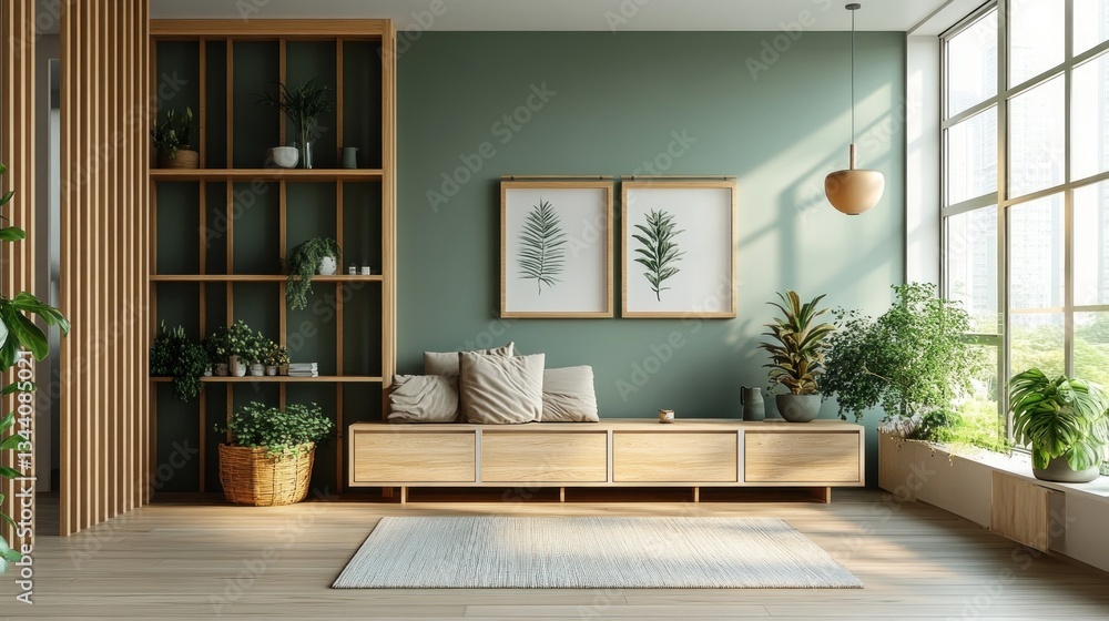 Fototapeta premium Cozy Minimalist Living Room with Green Accents and Wood Furniture in Scandinavian Design