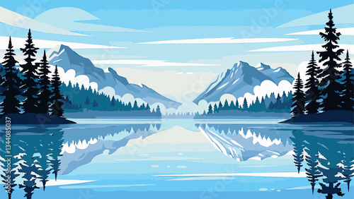 Panoramic mountainscape with mountain lake reflections in EPS and vector format.Tranquil Lake Scene with Majestic Mountains and Pine Trees