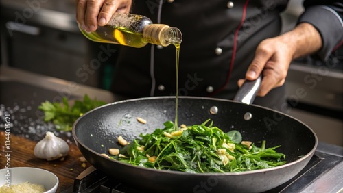 Fototapeta Naklejka Na Ścianę i Meble -  A chef pours oil over sauteed greens in a frying pan, highlighting the cooking process and fresh ingredients in a modern kitchen setting.