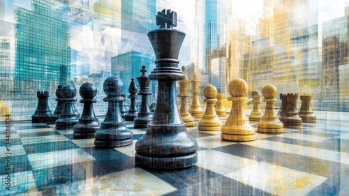 Chess game in an urban environment featuring black and yellow pieces with skyscrapers in the background during daylight