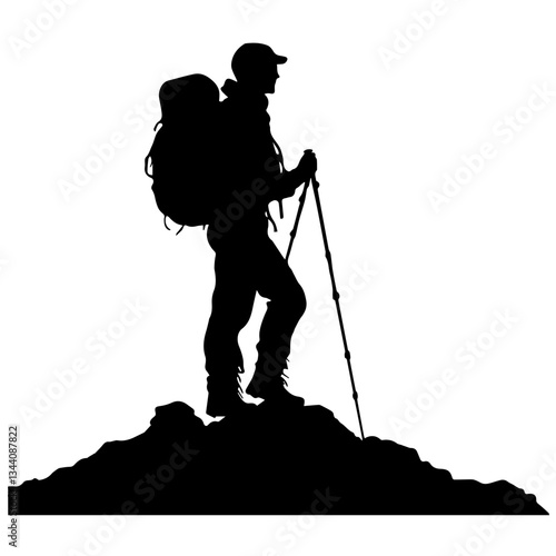 Lone hiker Ascending Treacherous Peak in Misty Wilderness