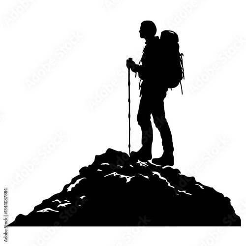 Lone hiker Ascending Treacherous Peak in Misty Wilderness