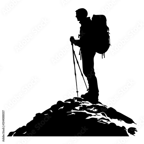 Lone hiker Ascending Treacherous Peak in Misty Wilderness