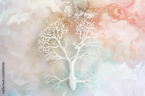 A detailed drawing of a white tree with its branches shaped like lungs, representing life and breath, against a soft pastel background.