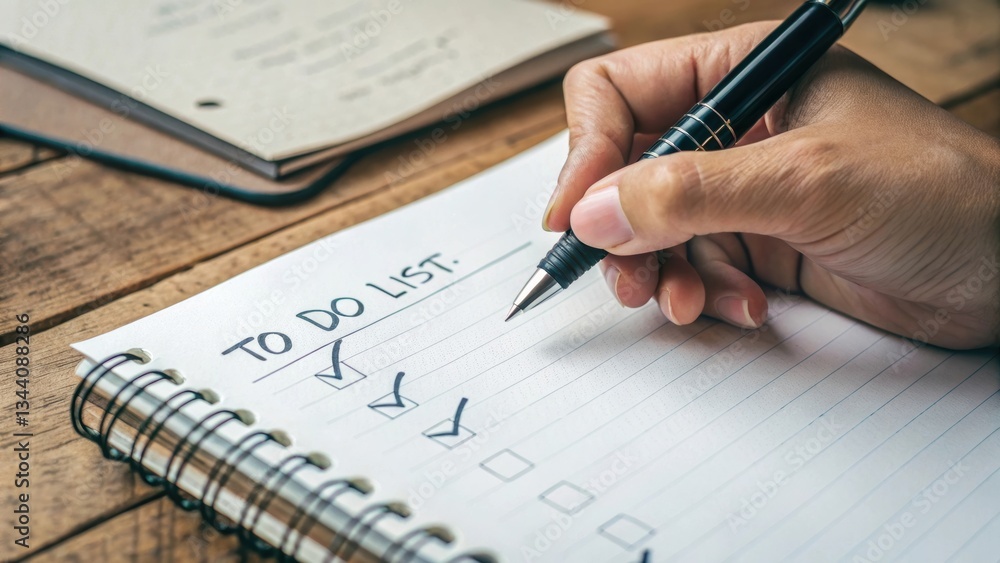 A hand holds a pen over a to-do list notebook, showing checked boxes and a clear organizational focus. A hand holds a pen over a to-do list notebook, showing checked boxes and a clear organizational focus.