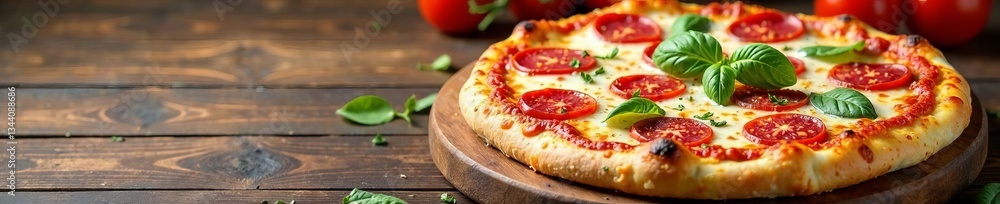 Freshly baked pepperoni pizza garnished with basil and tomatoes on a wooden table. Freshly baked pepperoni pizza garnished with basil and tomatoes on a wooden table.