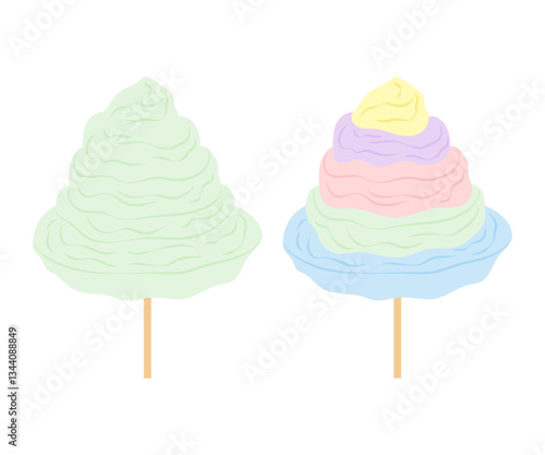 Candyfloss on stick. Flat illustrations in multi-coloured Cotton Candy. Sweet sugar dessert. Takeaway. Park, lunapark, cinema, circus.