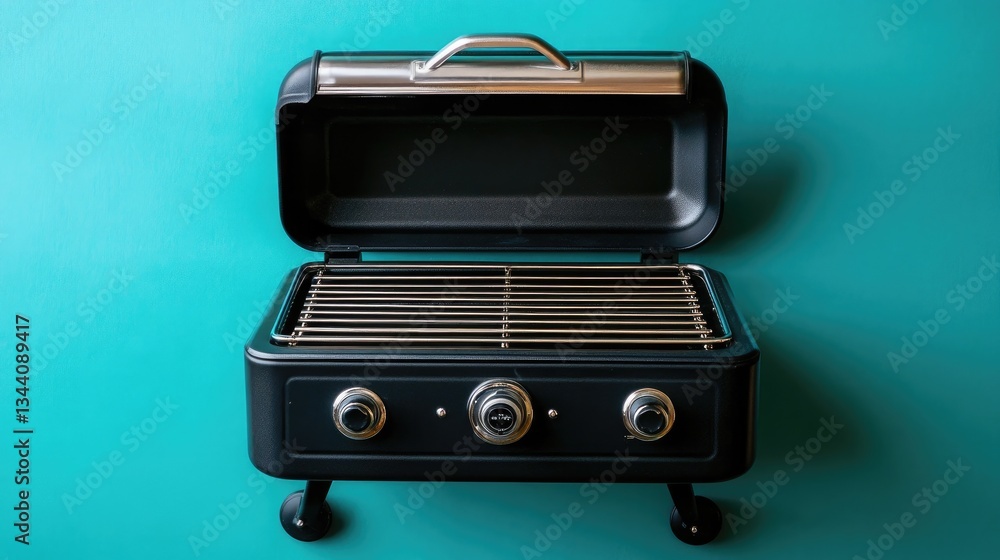 Fototapeta premium Electric grill with a large cooking surface and temperature gauge on a vibrant turquoise background