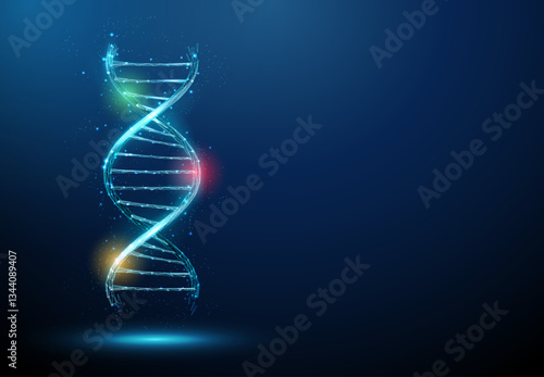 Blue 3d DNA molecule helix with red, yellow and green spots. Biomarker identification, DNA sequencing, genetic diseases concept