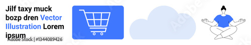 Shopping cart icon, cloud shape, meditating figure. Ideal for e-commerce, cloud technology, mindfulness, wellness, digital detox, lifestyle apps and simple landing page