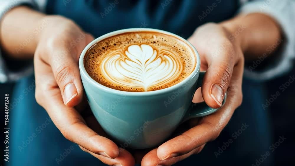 Close-up of hands holding latte with heart-shaped foam art in blue mug Close-up of hands holding latte with heart-shaped foam art in blue mug