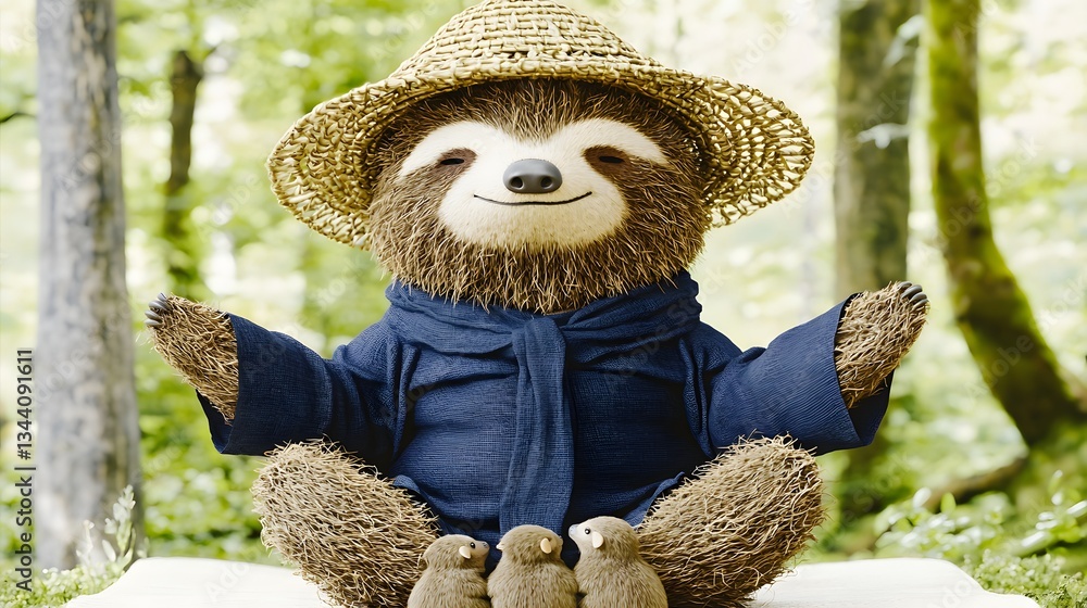 Fototapeta premium Charming Sloth in a Blue Jacket and Straw Hat Meditating Peacefully in a Lush Green Forest