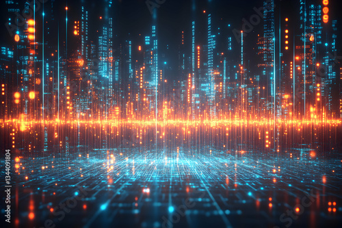 Wallpaper Mural Futuristic digital cityscape with glowing skyscrapers and data streams. Perfect for technology, AI, and innovation concepts. Torontodigital.ca