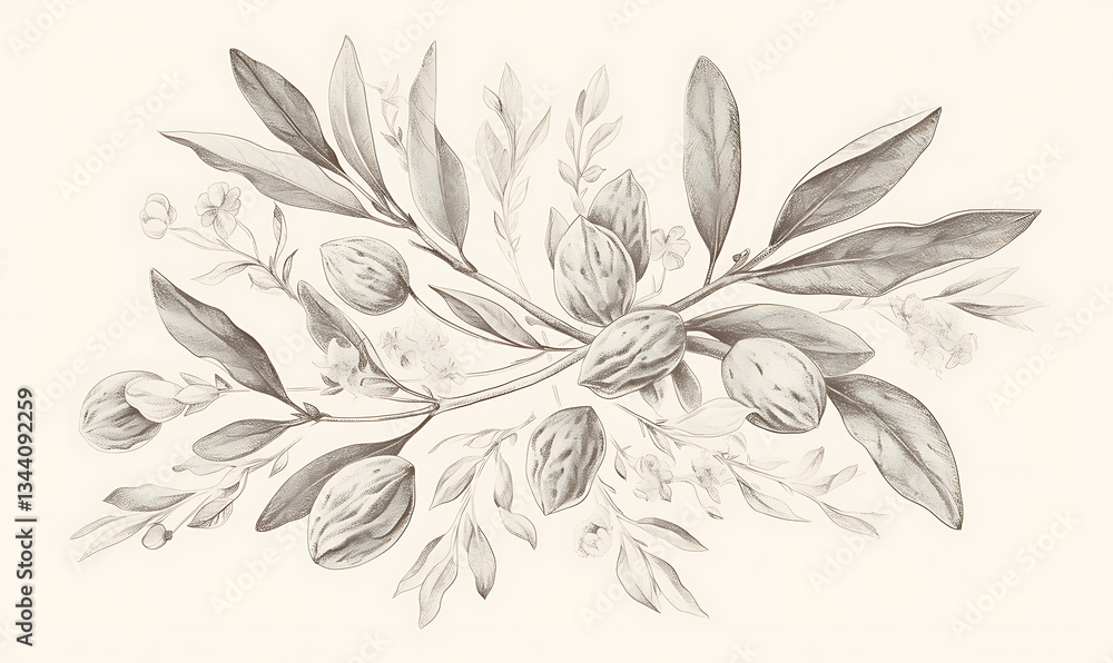 Obraz premium Realistic and artistic representations of almonds, almond farming, processing, and almond-based all isolated on a white background.