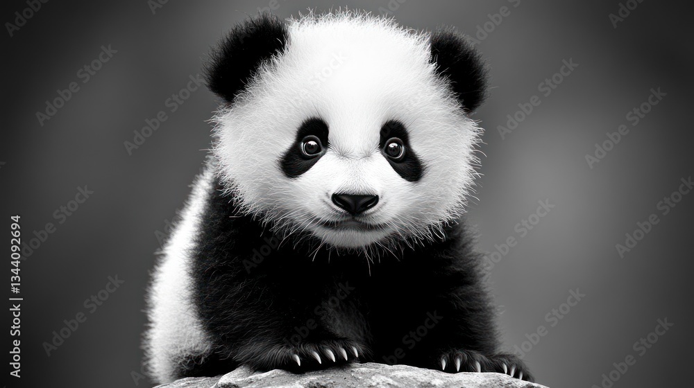 Naklejka premium Adorable baby panda cub sitting on a rock, monochrome.