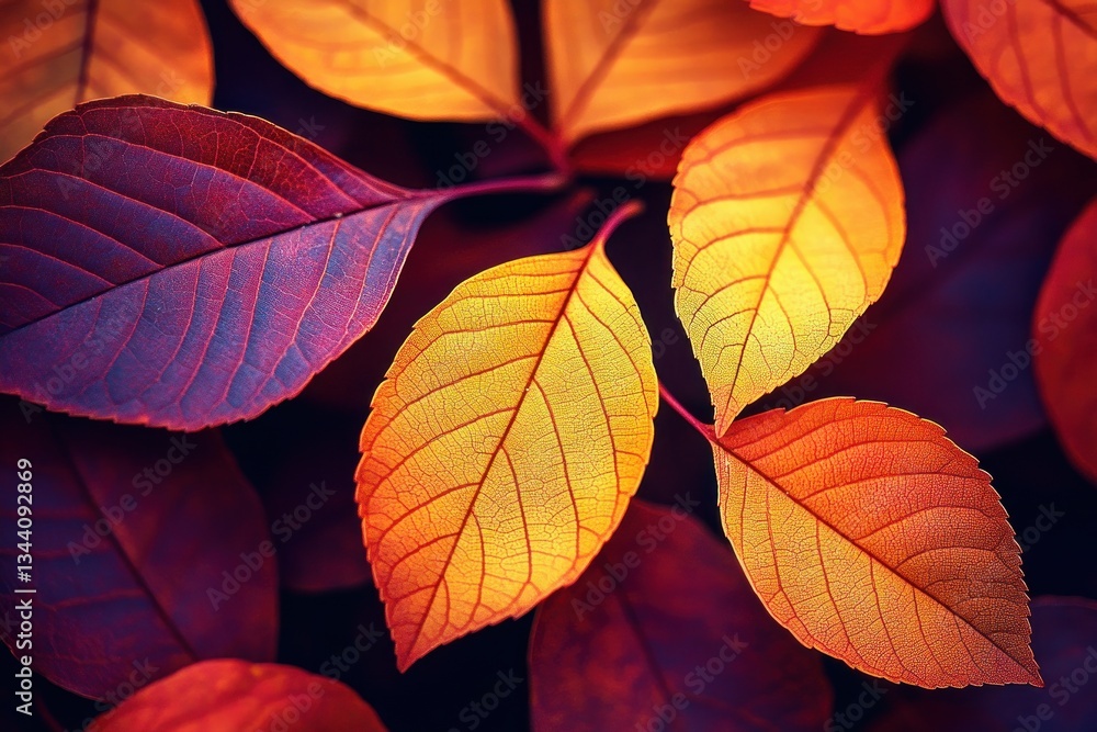 Fototapeta premium Vibrant Red and Orange Autumn Leaves on the Forest Floor with Intricate Veins in Warm Light