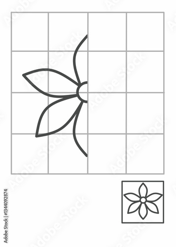 Symmetry drawing for kids, draw the other half side flower activity for kindergarten, complete picture worksheet, Symmetry worksheet spring
