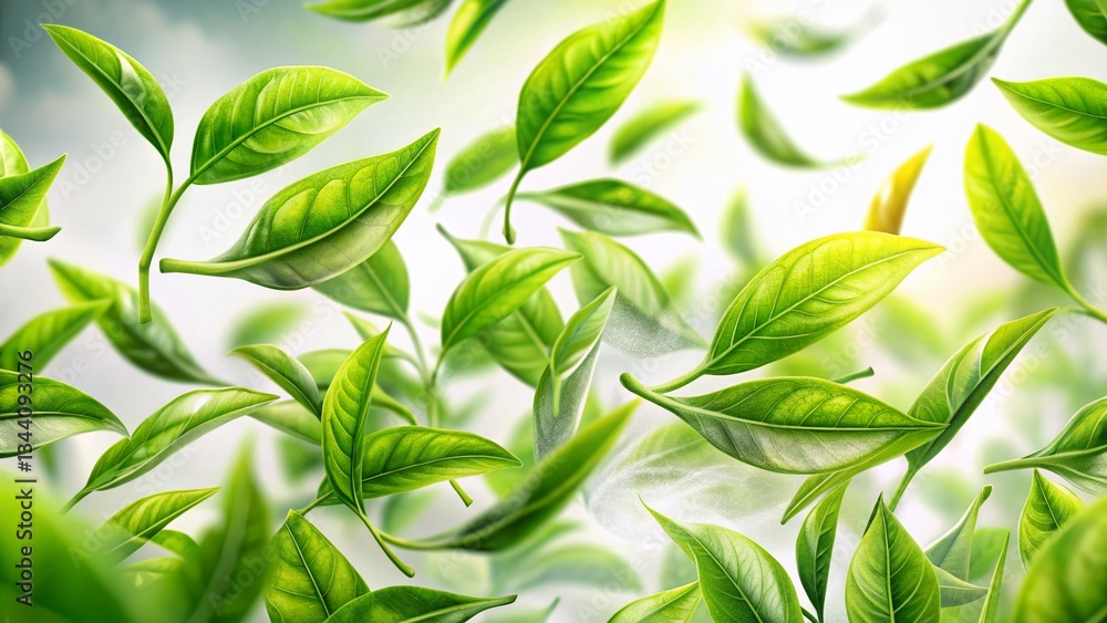 Fototapeta premium Lush Green Tea Leaves Flying, Motion Blur, White Background - Stock Photo