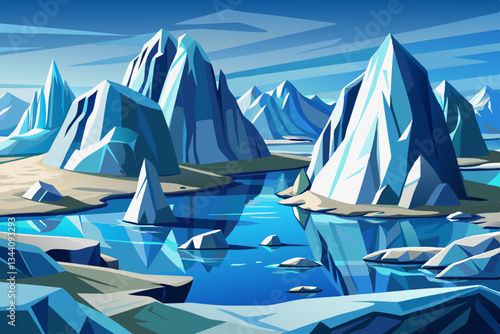 iceberg mountains with lakes and beautiful sky vector cartoon