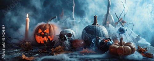 Enigmatic halloween arrangement featuring pumpkins, skull, and foggy backdrop