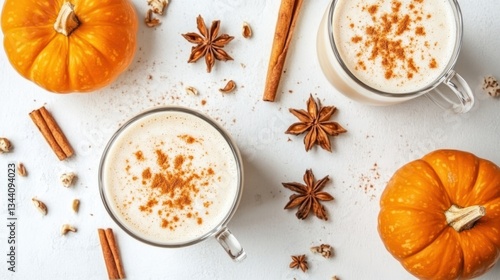 Fototapeta Naklejka Na Ścianę i Meble -  Overhead arrangement of autumnal pumpkin spice latte with seasonal elements