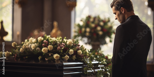 A man in a black suit is sad in the church near the coffin. Funeral service in the temple.	