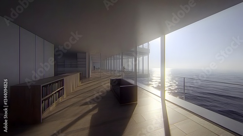 Wallpaper Mural Modern Minimalist Interior Space with Ocean View and Soft Sunlight in Tranquil Atmosphere Torontodigital.ca