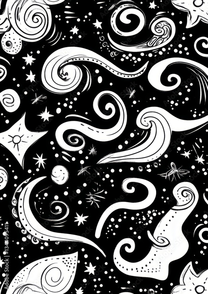 Abstract black and white cosmic pattern with swirling shapes, stars, and celestial elements in a hand-drawn style. Concept of space, universe, fantasy, creativity, mystery, and artistic design. Abstract black and white cosmic pattern with swirling shapes, stars, and celestial elements in a hand-drawn style. Concept of space, universe, fantasy, creativity, mystery, and artistic design.
