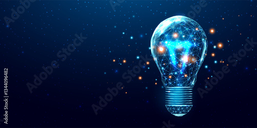 Wireframe polygonal lightbulb. Internet technology network, business idea concept with glowing low poly bulb. Futuristic modern abstract. Isolated on dark blue background. Vector illustration.