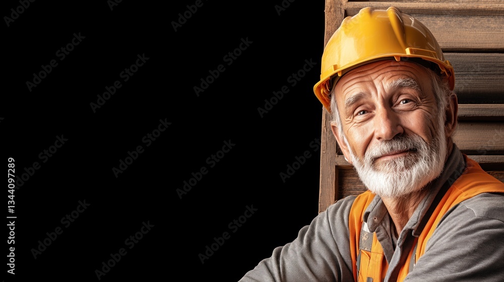 senior construction worker is smiling warmly while wearing a yellow safety helmet and an orange reflective vest. He appears confident and approachable, showcasing his experience senior construction worker is smiling warmly while wearing a yellow safety helmet and an orange reflective vest. He appears confident and approachable, showcasing his experience
