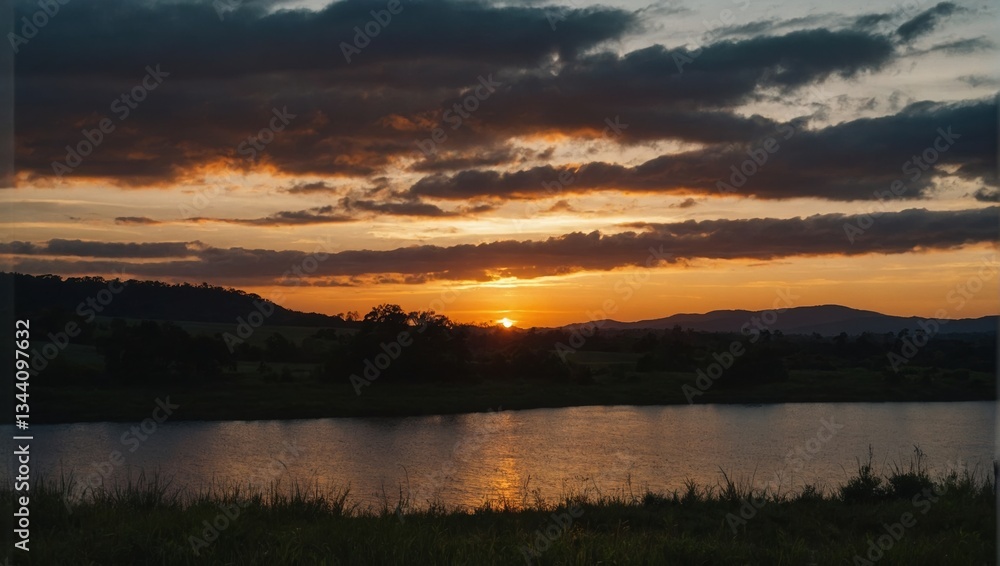 Majestic Sunset Reflected on Tranquil Lake Surrounded by Rolling Hills and Silhouette Trees Under Dramatic Sky Majestic Sunset Reflected on Tranquil Lake Surrounded by Rolling Hills and Silhouette Trees Under Dramatic Sky
