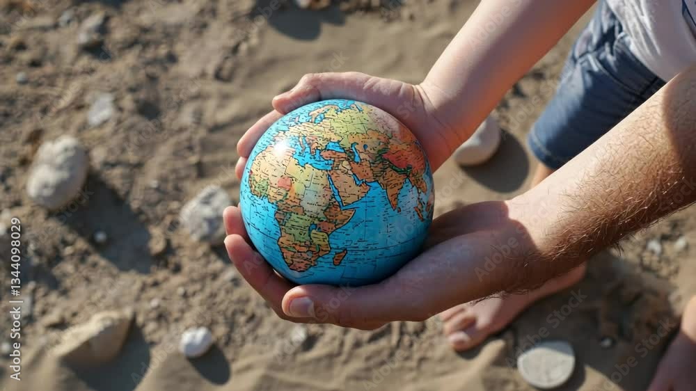 Child holding small globe on sandy ground Child holding small globe on sandy ground