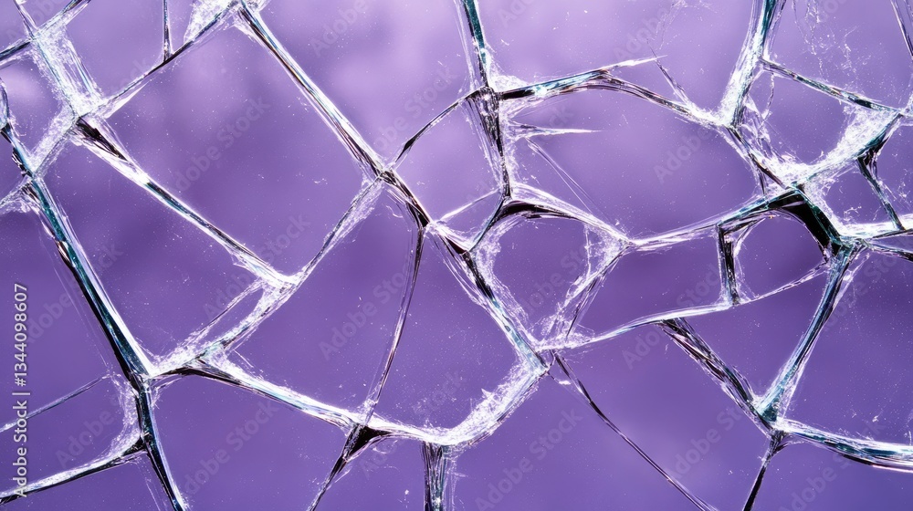 Fototapeta premium High-detail cracks in a shattered glass pane over a soft lilac background