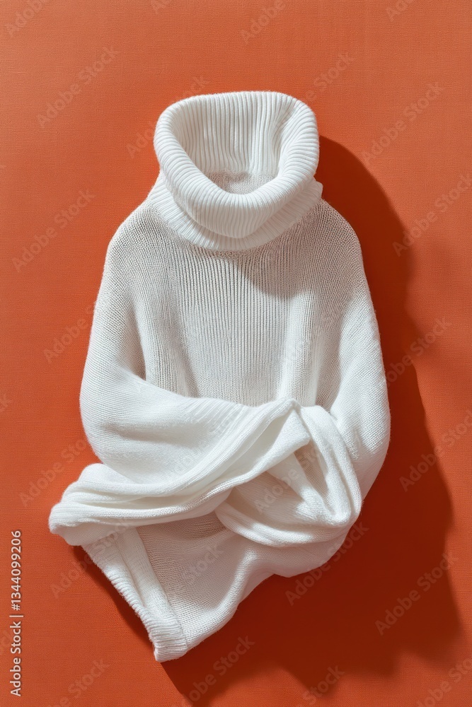 Obraz premium White turtleneck sweater folded on warm terracotta background minimalistic still life fashion autumn winter cozy clothing
