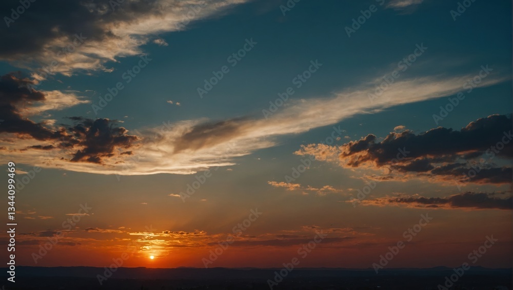Dramatic sunset sky with colorful clouds and golden light, silhouetted horizon Dramatic sunset sky with colorful clouds and golden light, silhouetted horizon