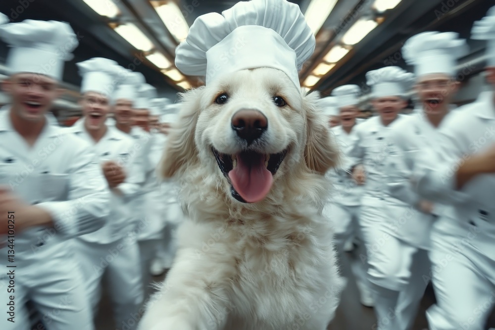 Playful Golden Retriever Chef Surrounded by Happy Cooks in Kitchen Playful Golden Retriever Chef Surrounded by Happy Cooks in Kitchen
