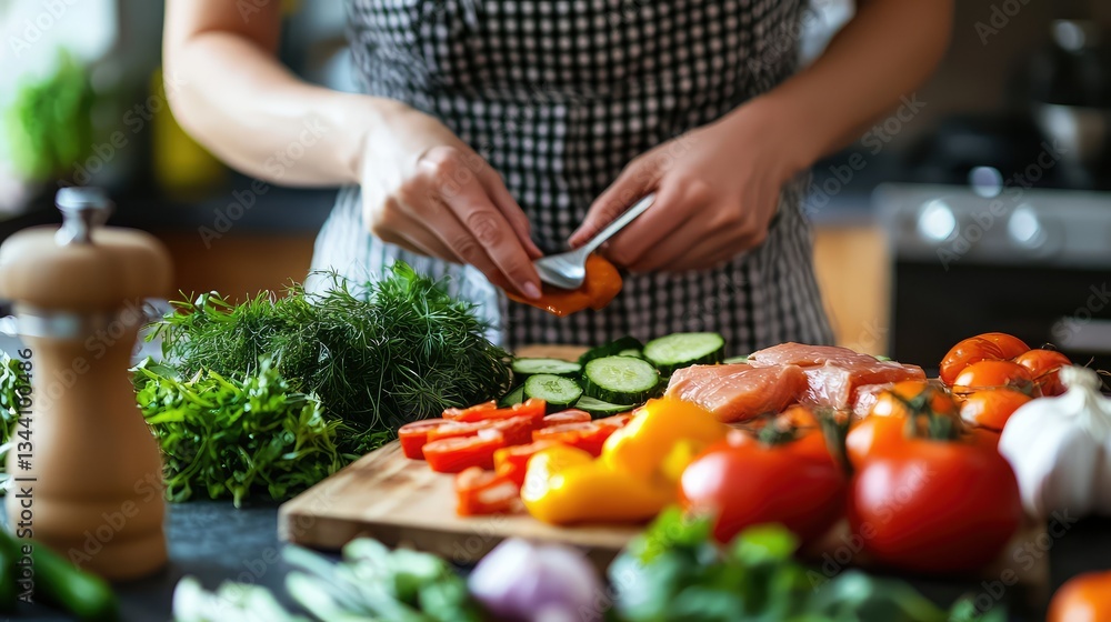 A woman preparing a paleo diet meal with fresh vegetables and lean protein. A woman preparing a paleo diet meal with fresh vegetables and lean protein.