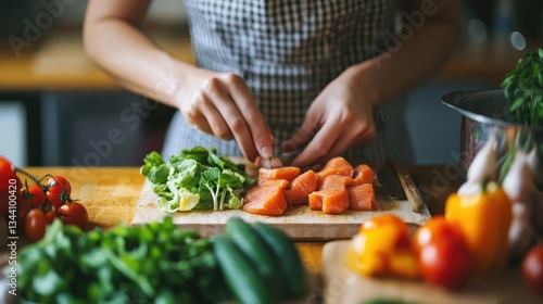 A woman preparing a paleo diet meal with fresh vegetables and lean protein.
