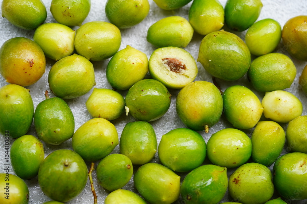 Green and ripe umbu fruit (Spondias tuberosa), also known as Brazil plum. A fruit cut open in cross-section. Fruits are edible, sweet and sour and also good against diabetes. Lajes, RN, Brazil. Green and ripe umbu fruit (Spondias tuberosa), also known as Brazil plum. A fruit cut open in cross-section. Fruits are edible, sweet and sour and also good against diabetes. Lajes, RN, Brazil.