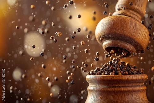 Whole Black Pepper Being Ground in Wooden Grinder with Spice