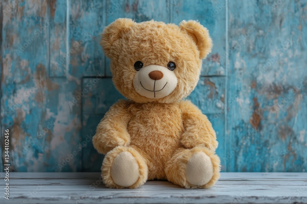 Obraz premium Happy teddy bear sits on wood, blue background, children's product