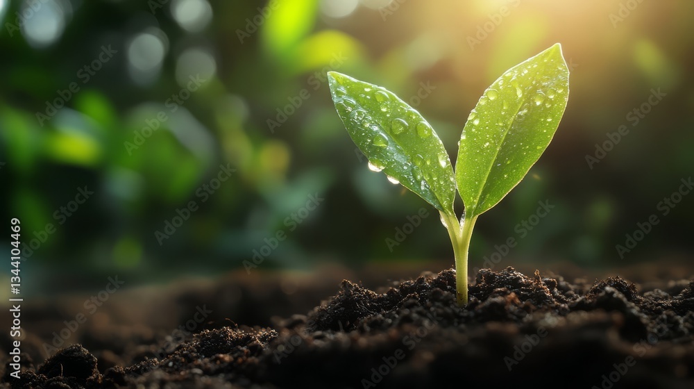 Fresh Green Sprout in Rich Soil with Water Droplets Fresh Green Sprout in Rich Soil with Water Droplets